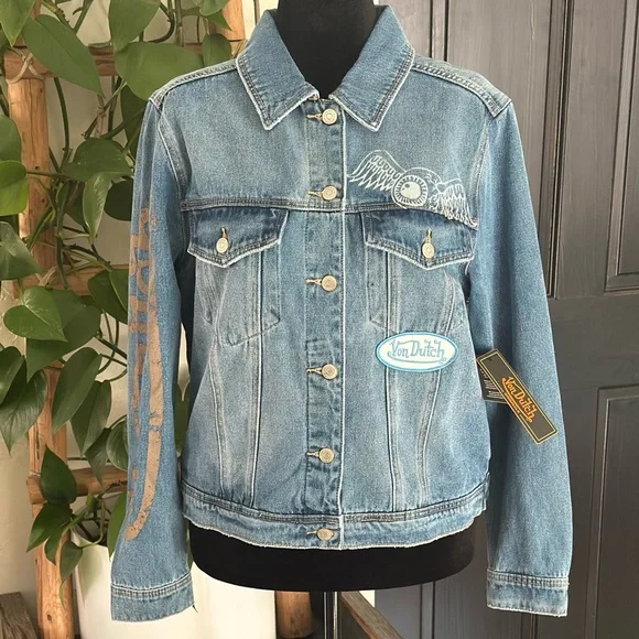 Von Dutch Denim Trucker Jacket Viral Button Up Patches Graphic Print Y2K Indie L - Picture 1 of 12